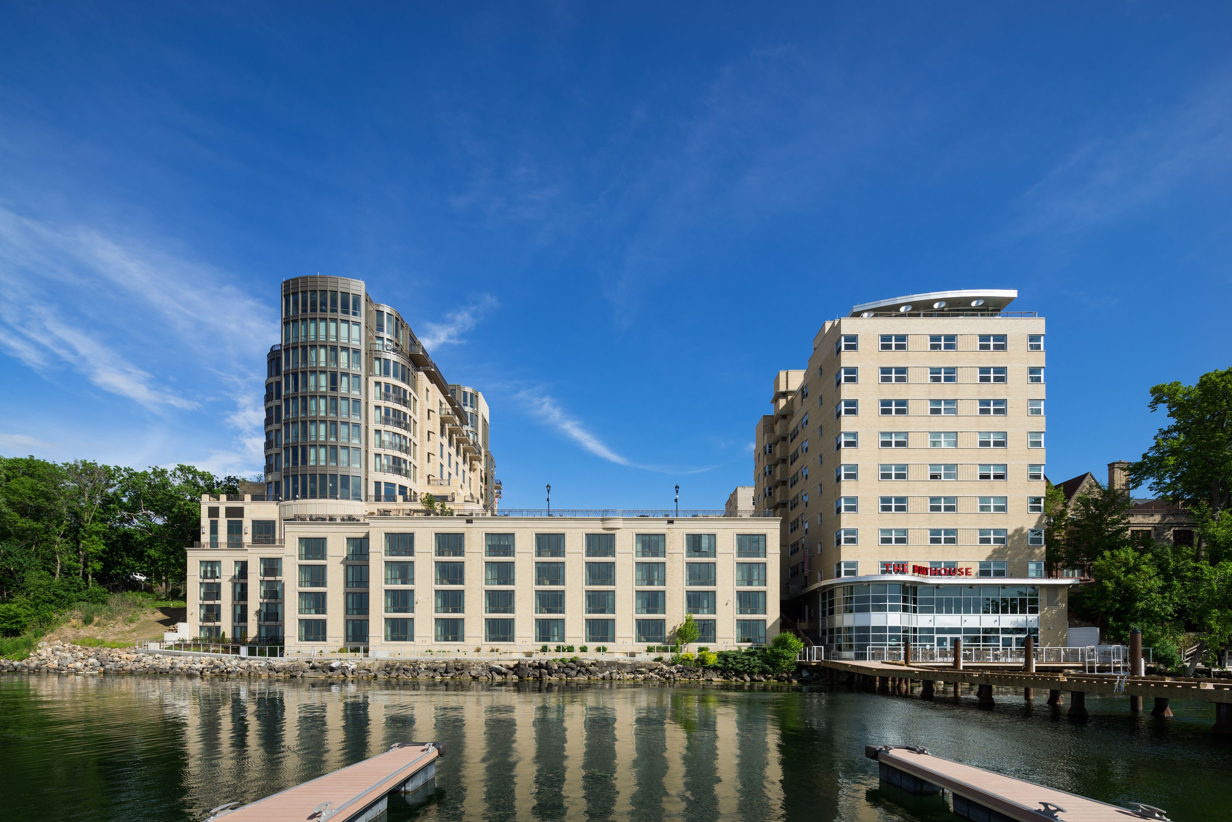 a building next to a body of water