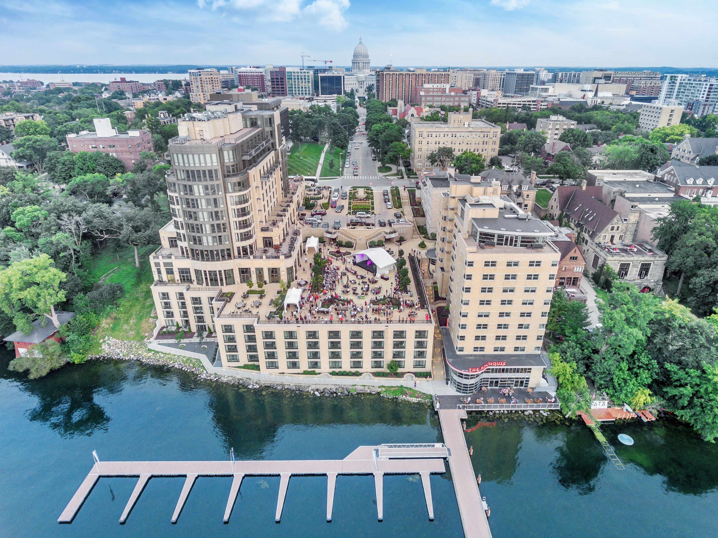 a large building next to a body of water