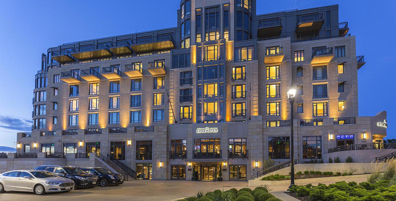 a building with lights on the front