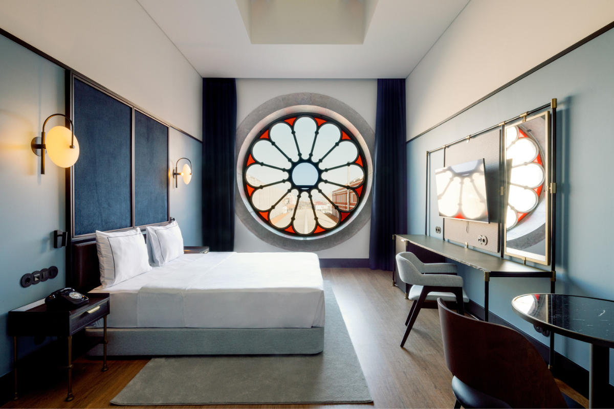 a room with a round window