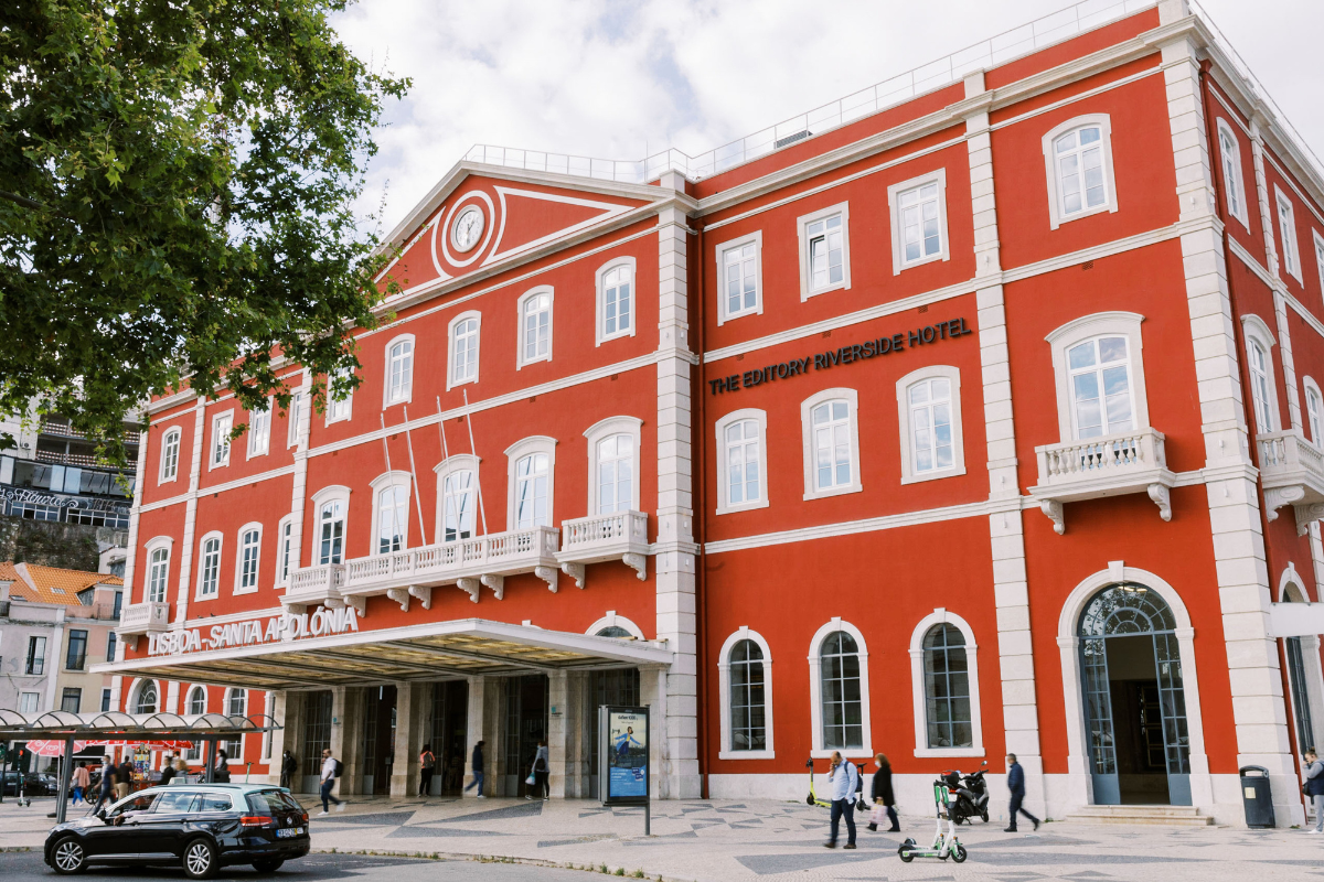 a red building with white trim