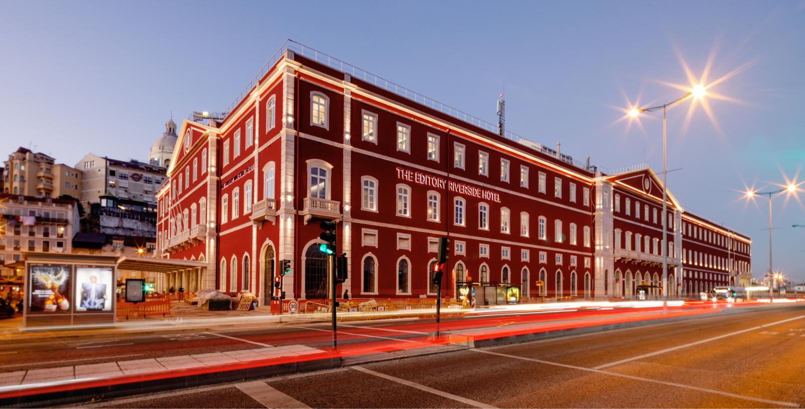 a red building with white trim