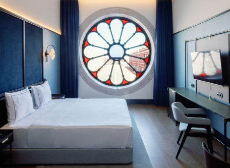 a room with a round window