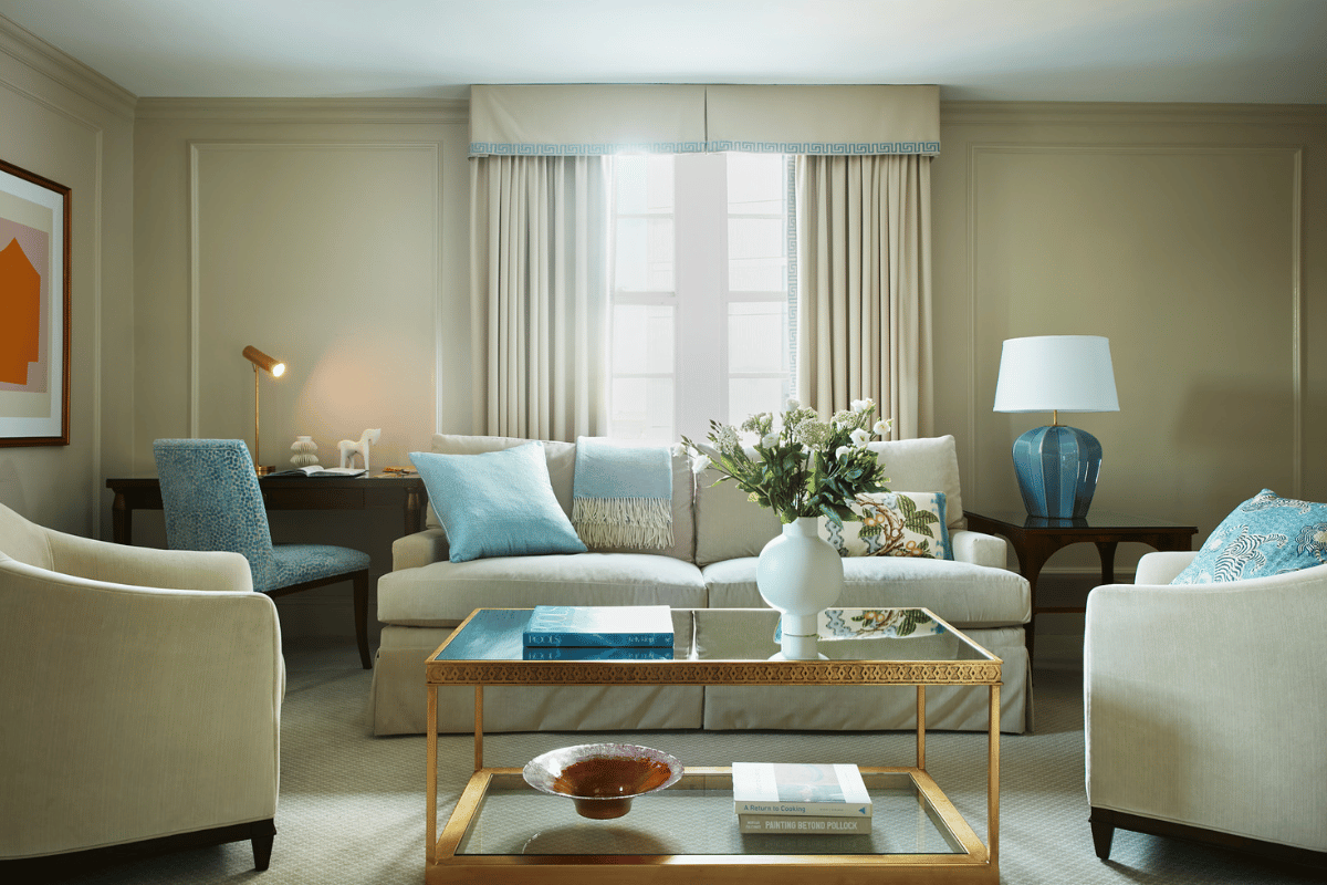 a living room with a couch and a coffee table