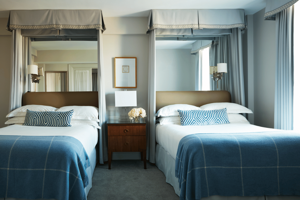 a room with two beds and a table