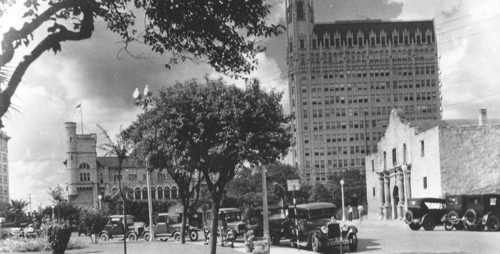 a black and white photo of a street with cars and trees