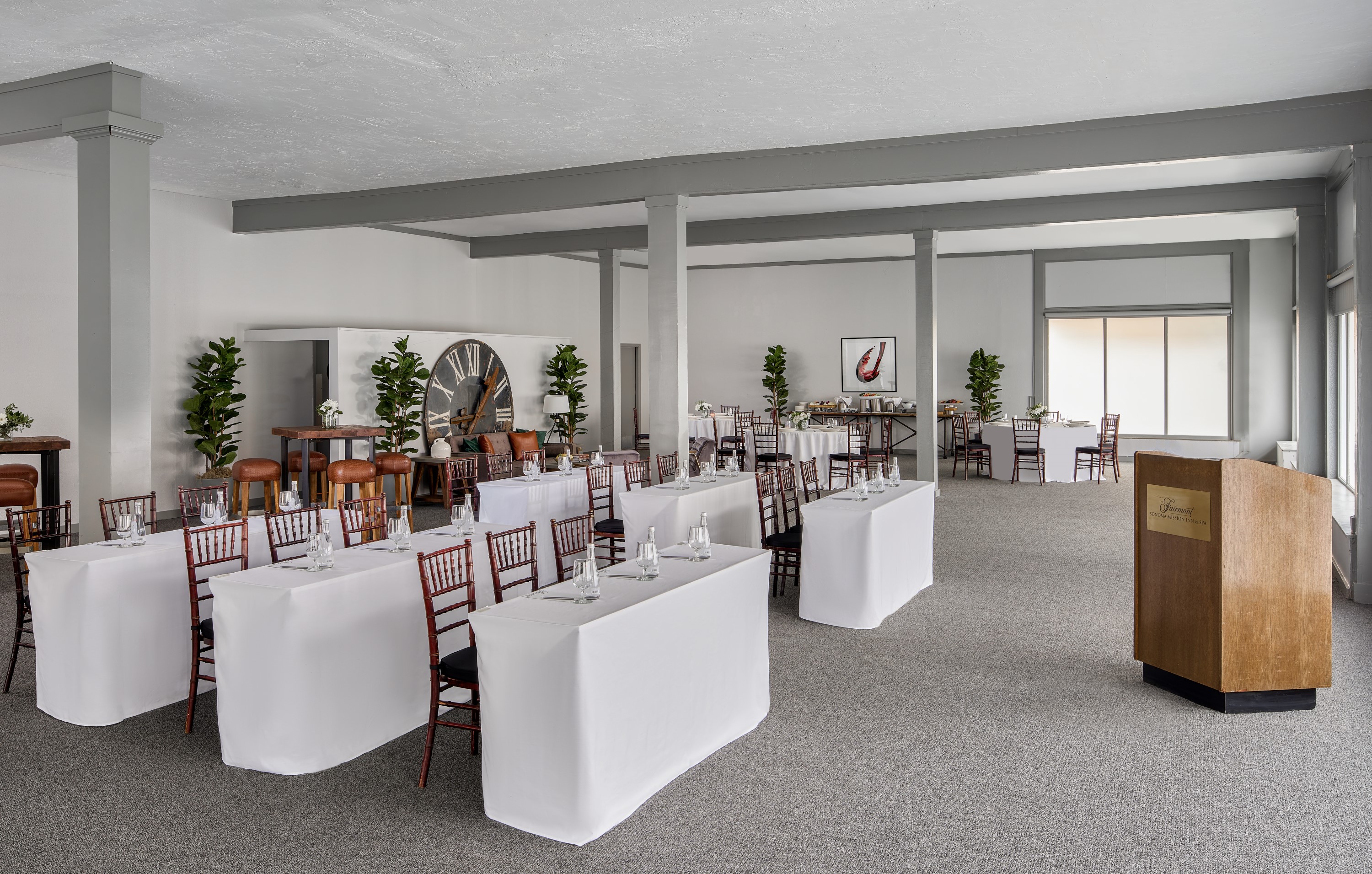 a room with tables and chairs
