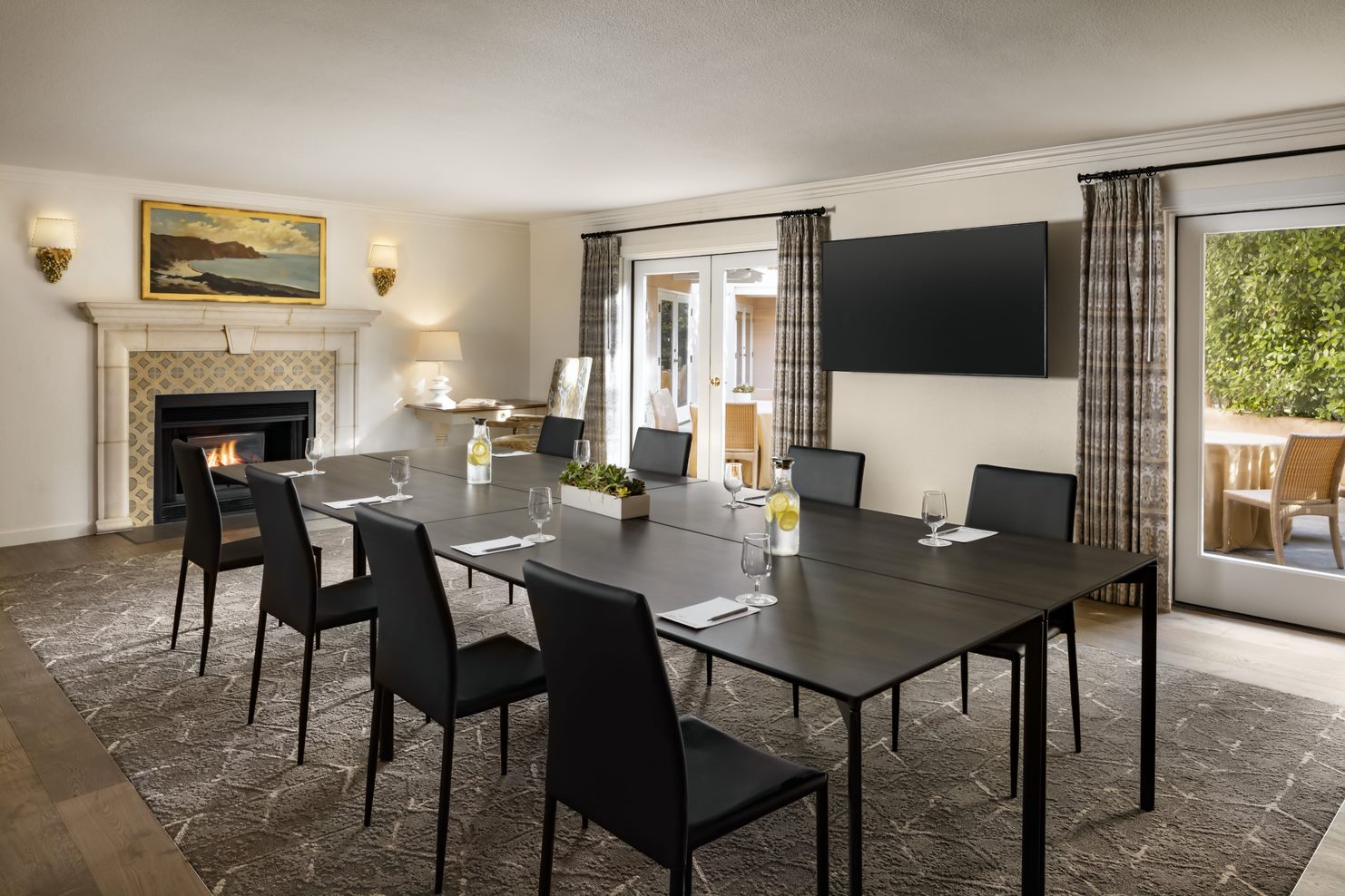 a room with a table and chairs