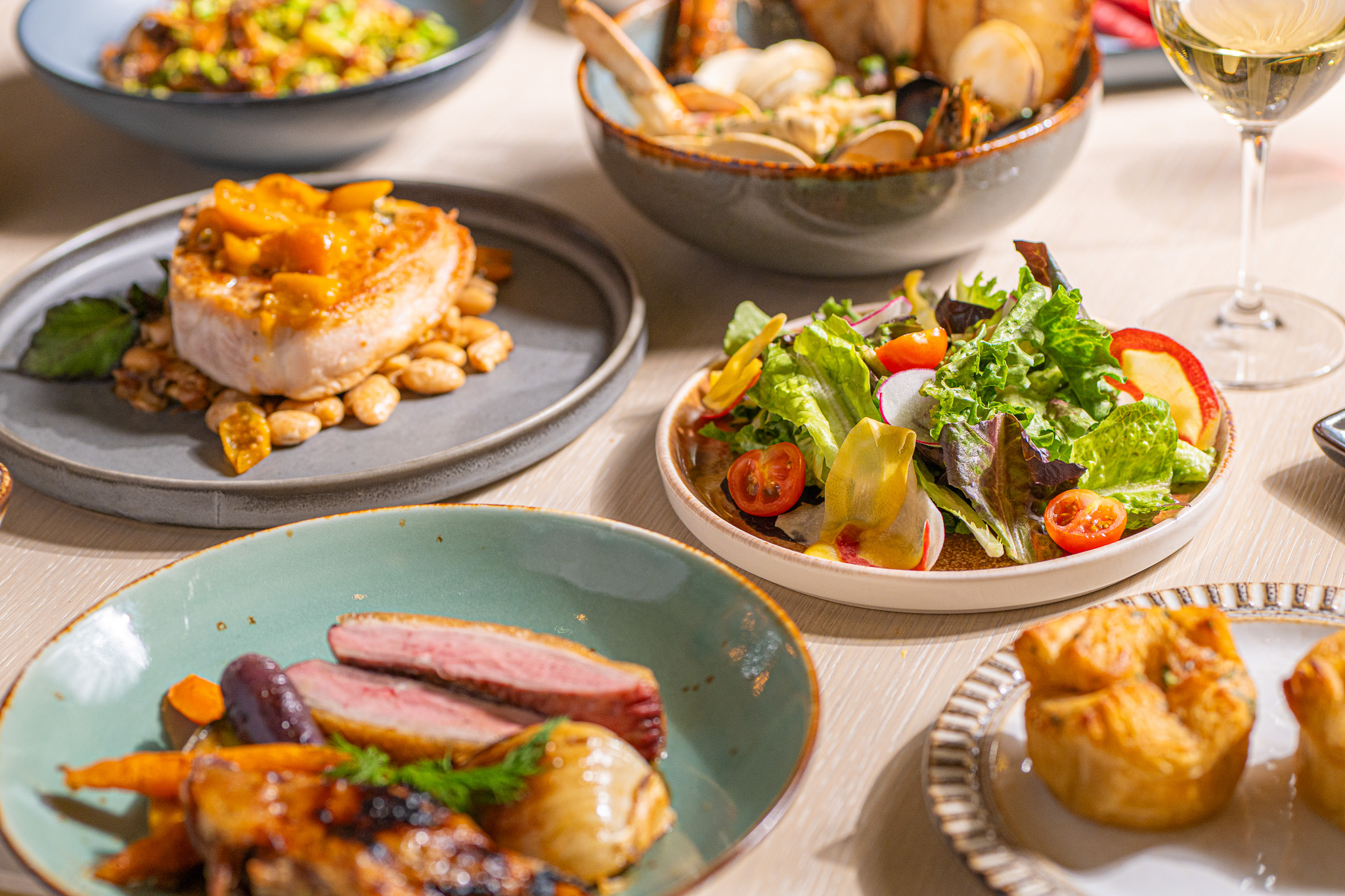 a table with plates of food