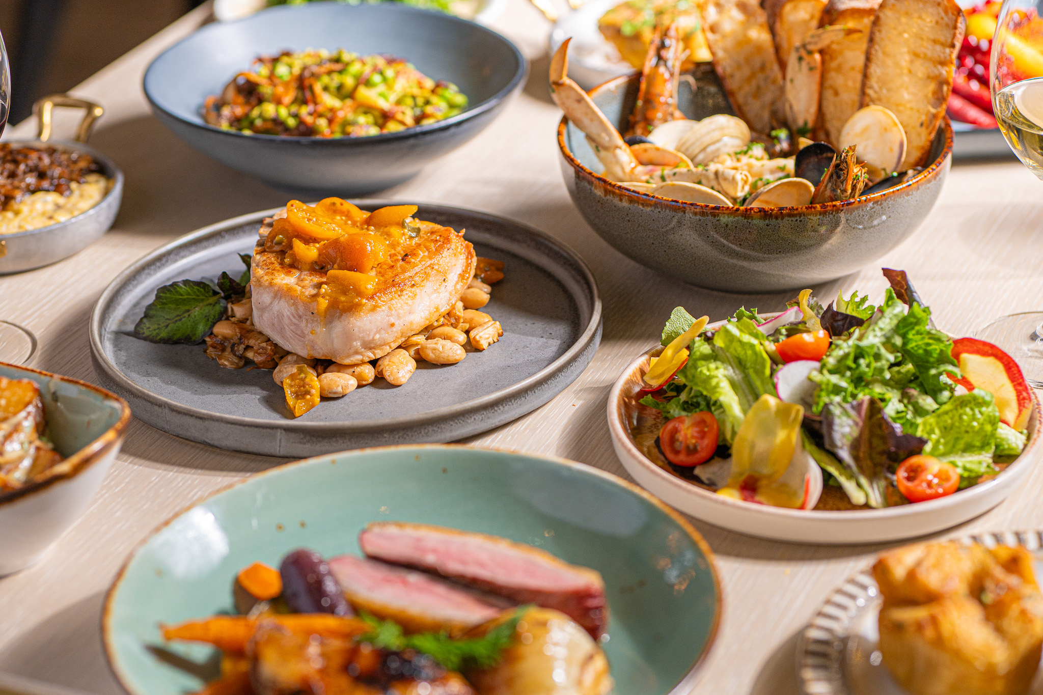 a table with plates of food