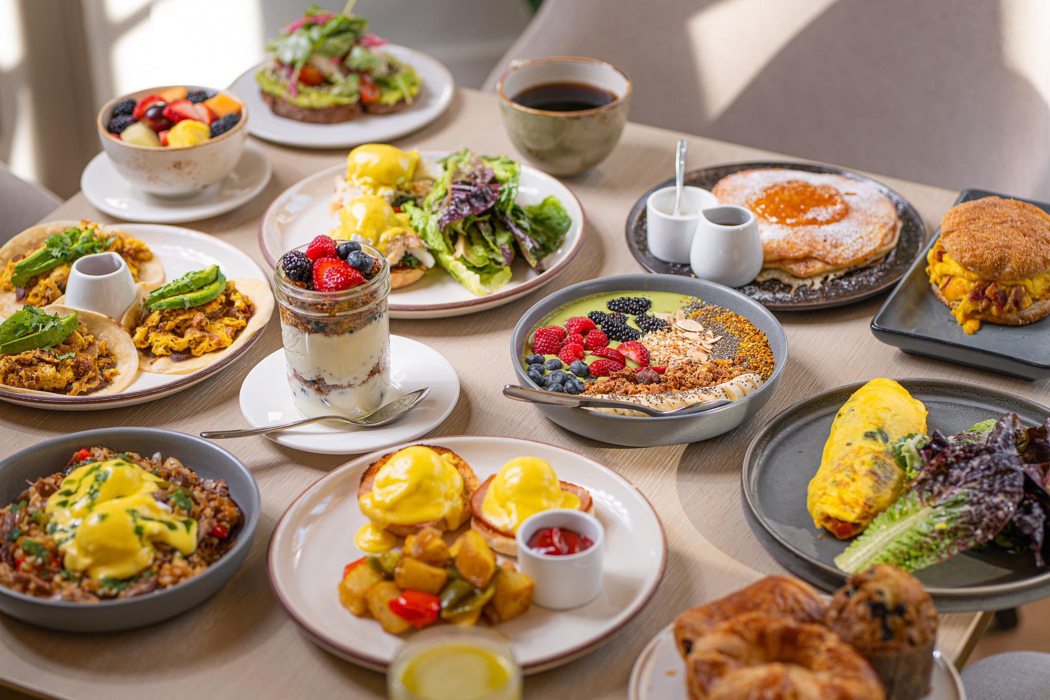 a table with plates of food