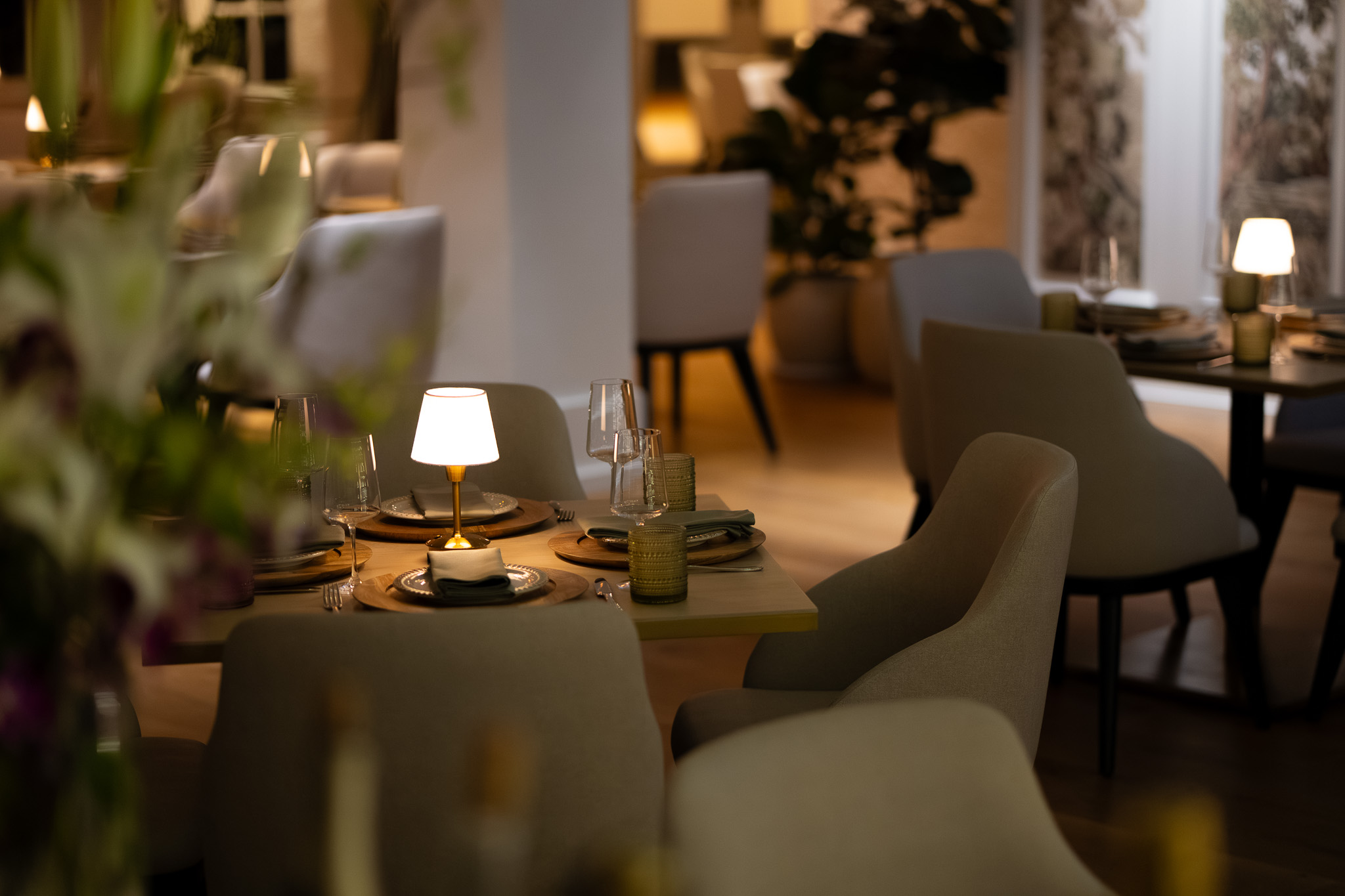 a table with plates and glasses on it