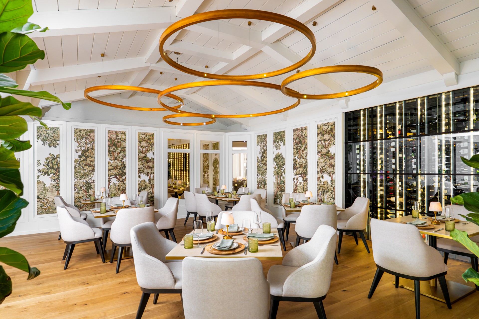 a room with tables and chairs