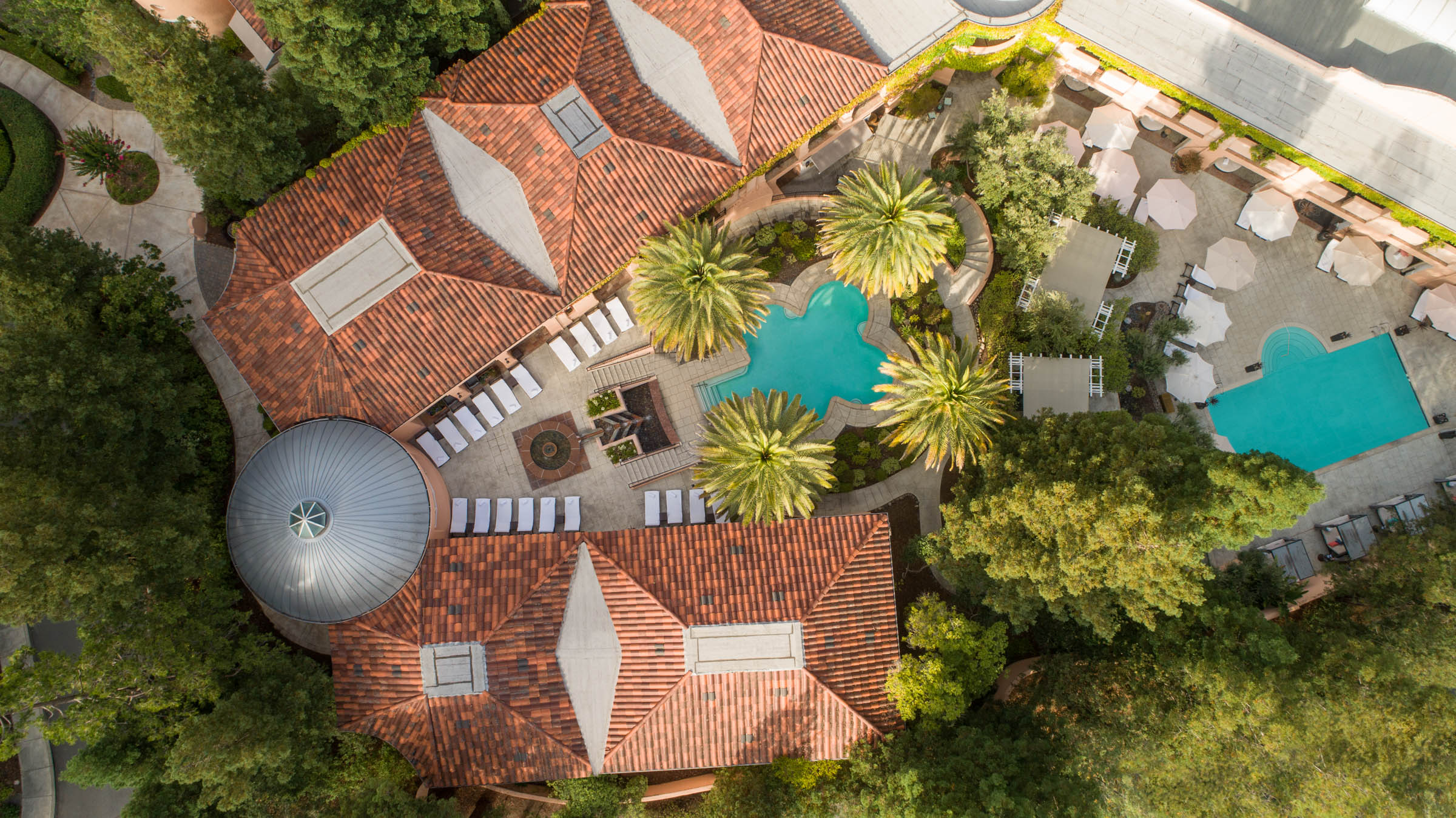 a pool and trees with a building and a dome roof