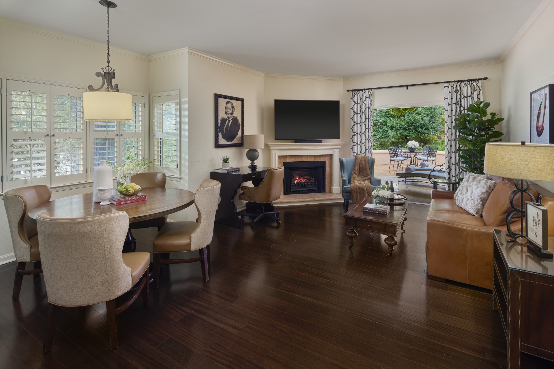 a living room with a fireplace and a couch