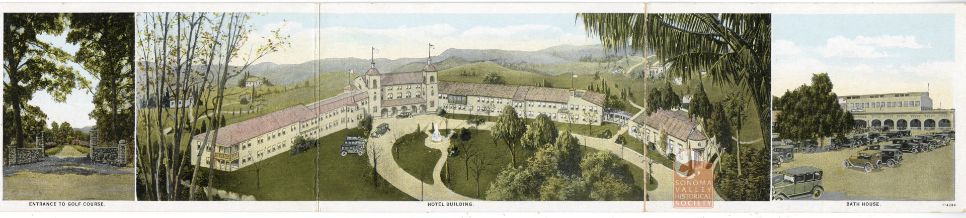 a building with a fountain and trees
