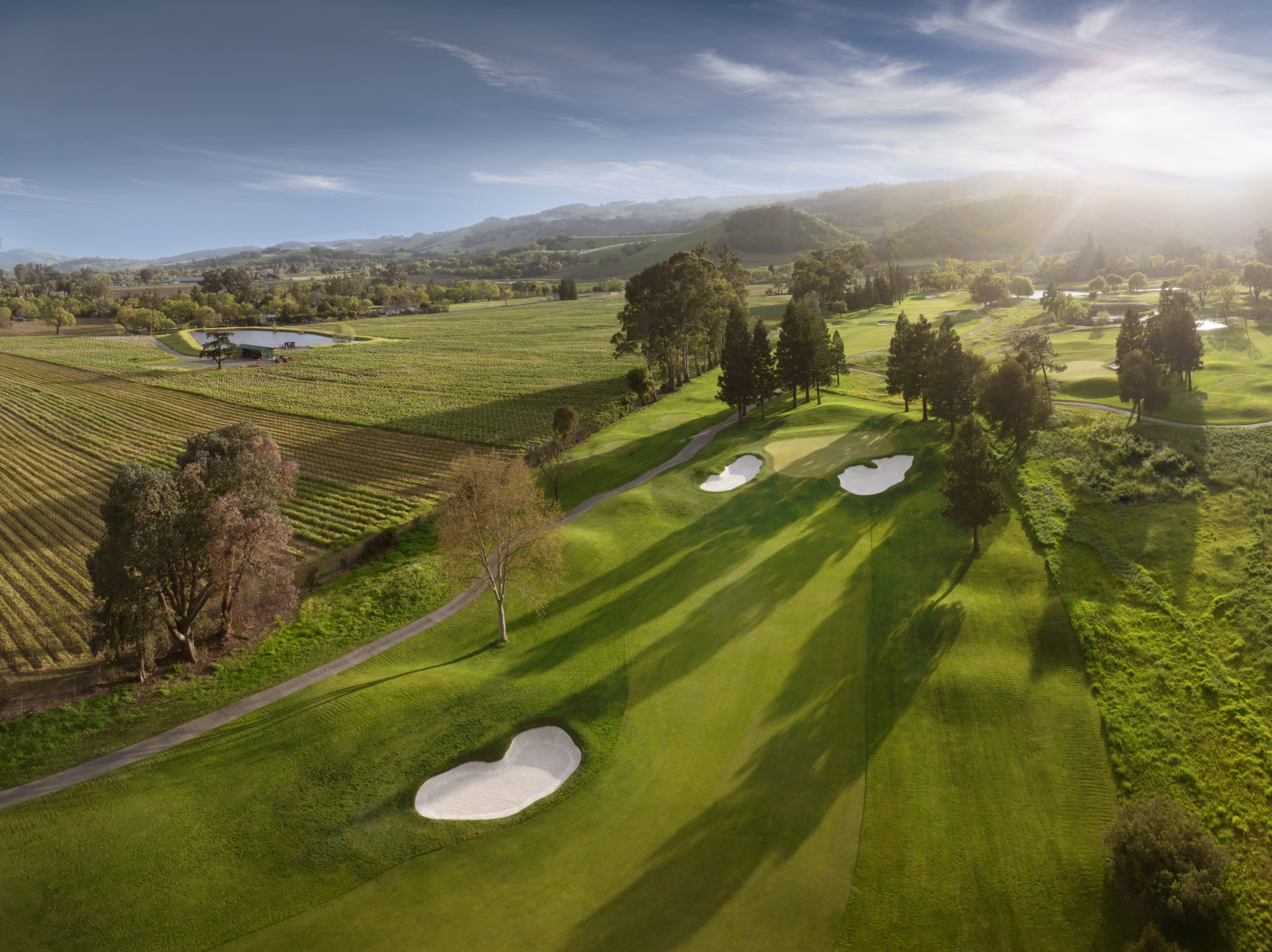 a golf course with trees and a field of grass