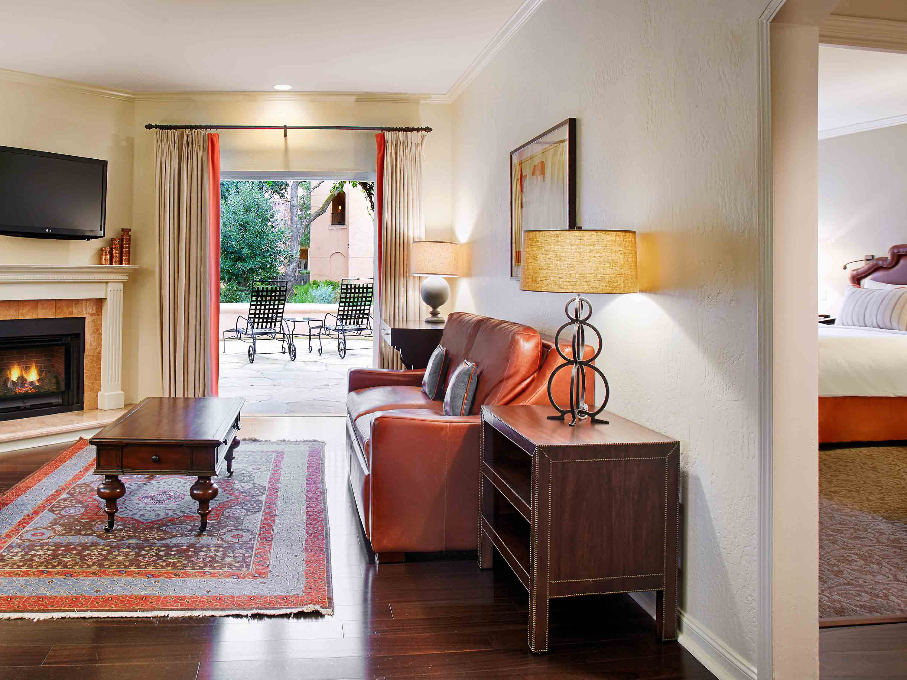 a living room with a couch and a table