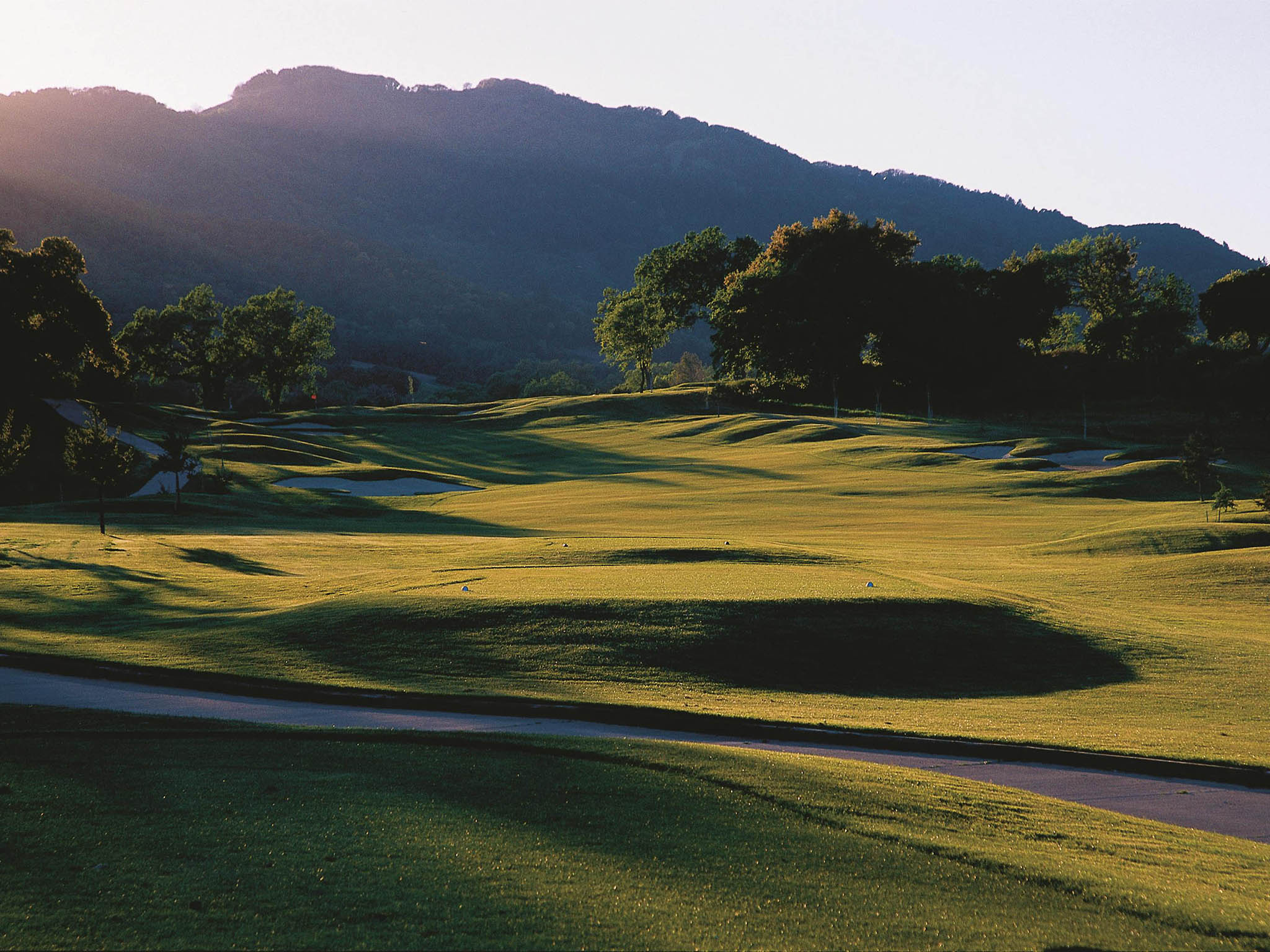 a golf course with trees and mountains in the background