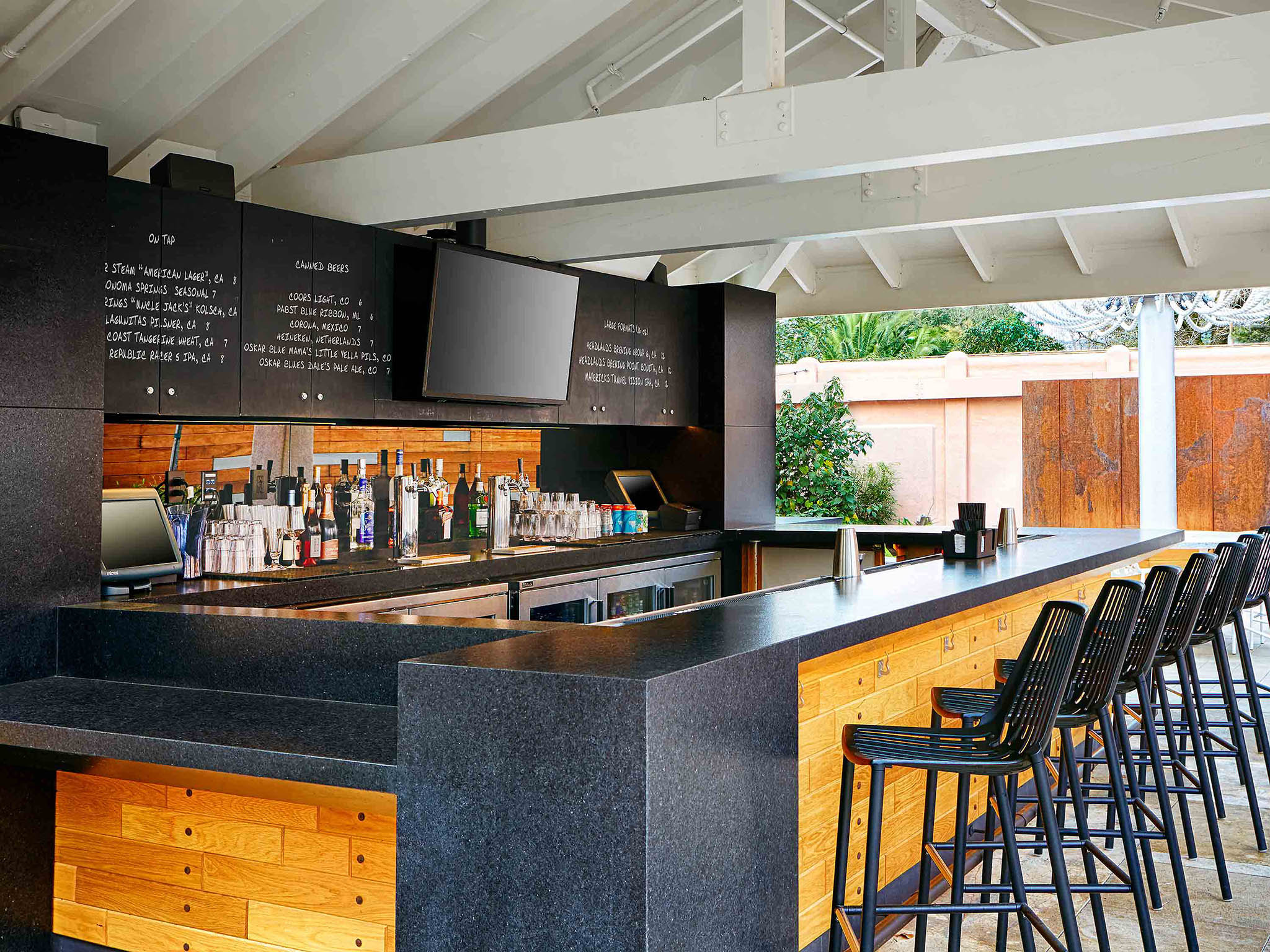 a bar with black counter and black chairs