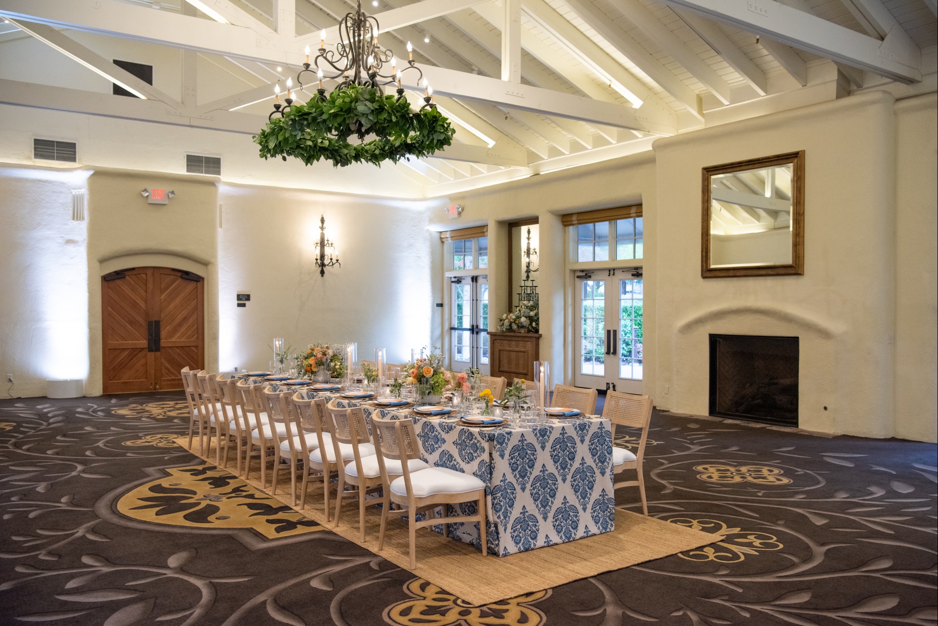 a long table set for a dinner party