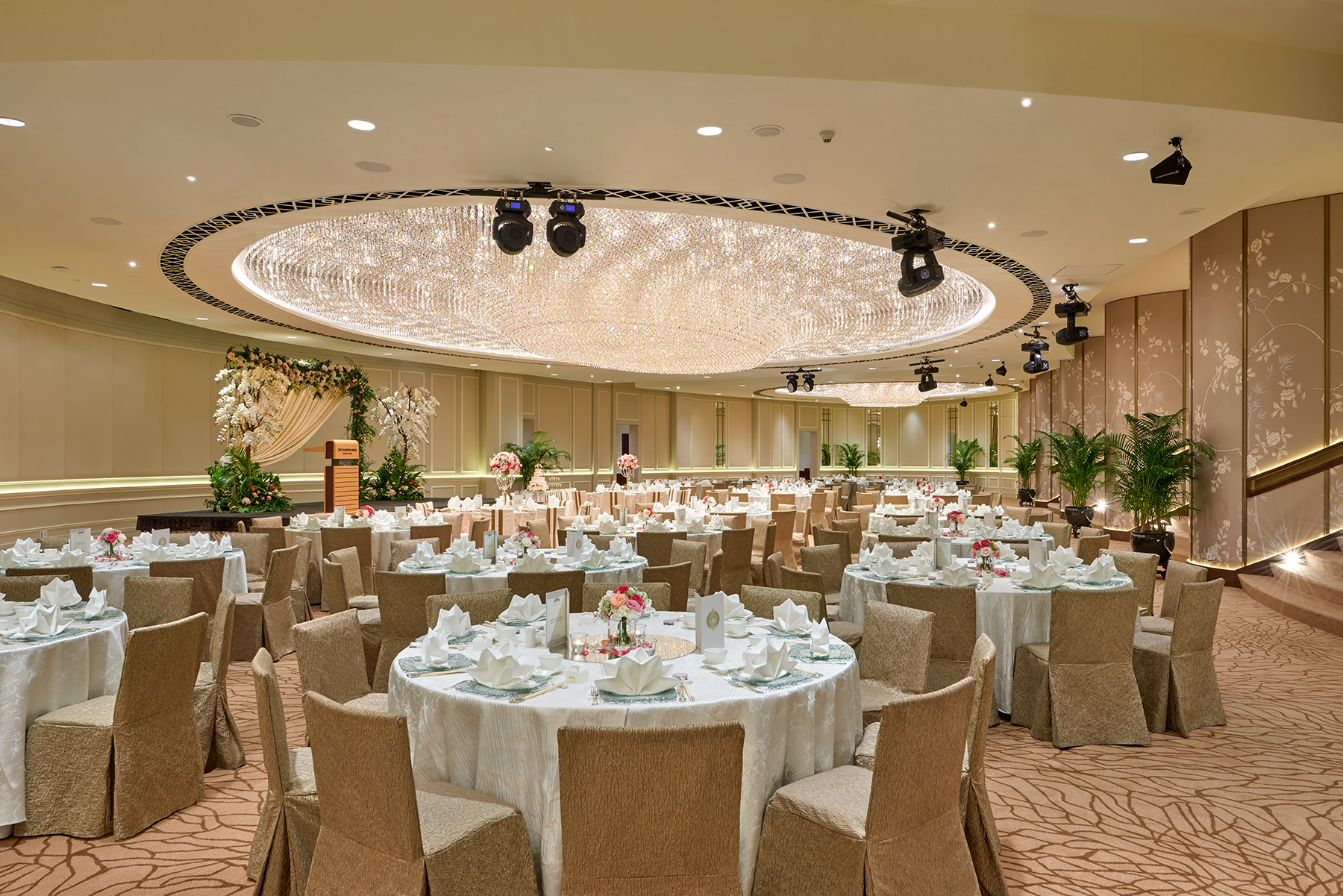 a large room with tables and chairs