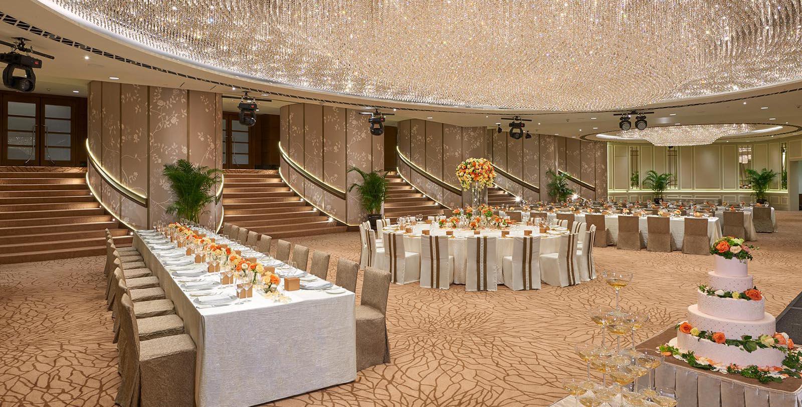 a large room with tables and chairs