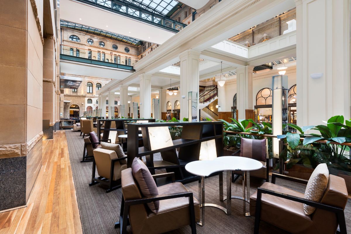 a room with tables and chairs