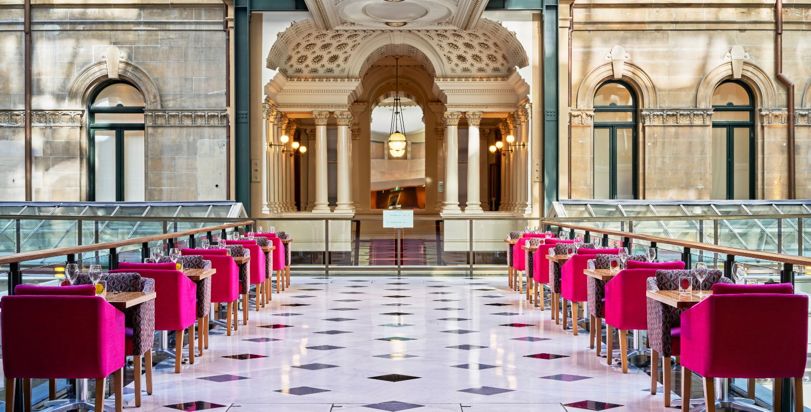 a room with tables and chairs