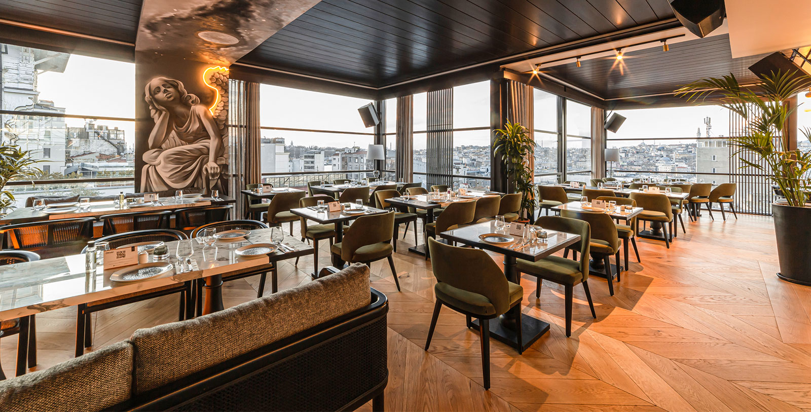 a restaurant with tables and chairs