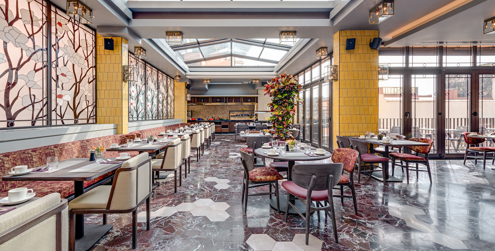 a restaurant with tables and chairs