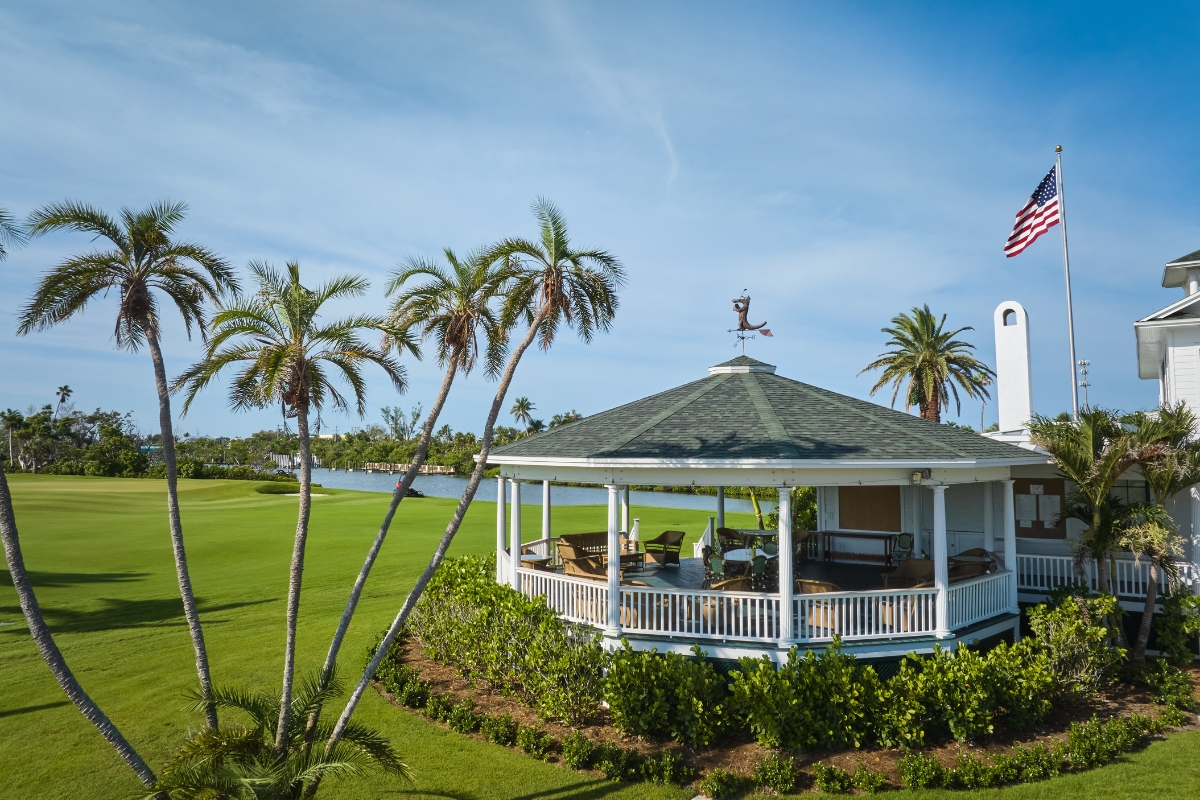 a gazebo with a white roof and palm trees