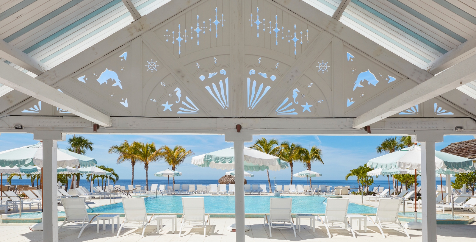 a pool with palm trees and chairs