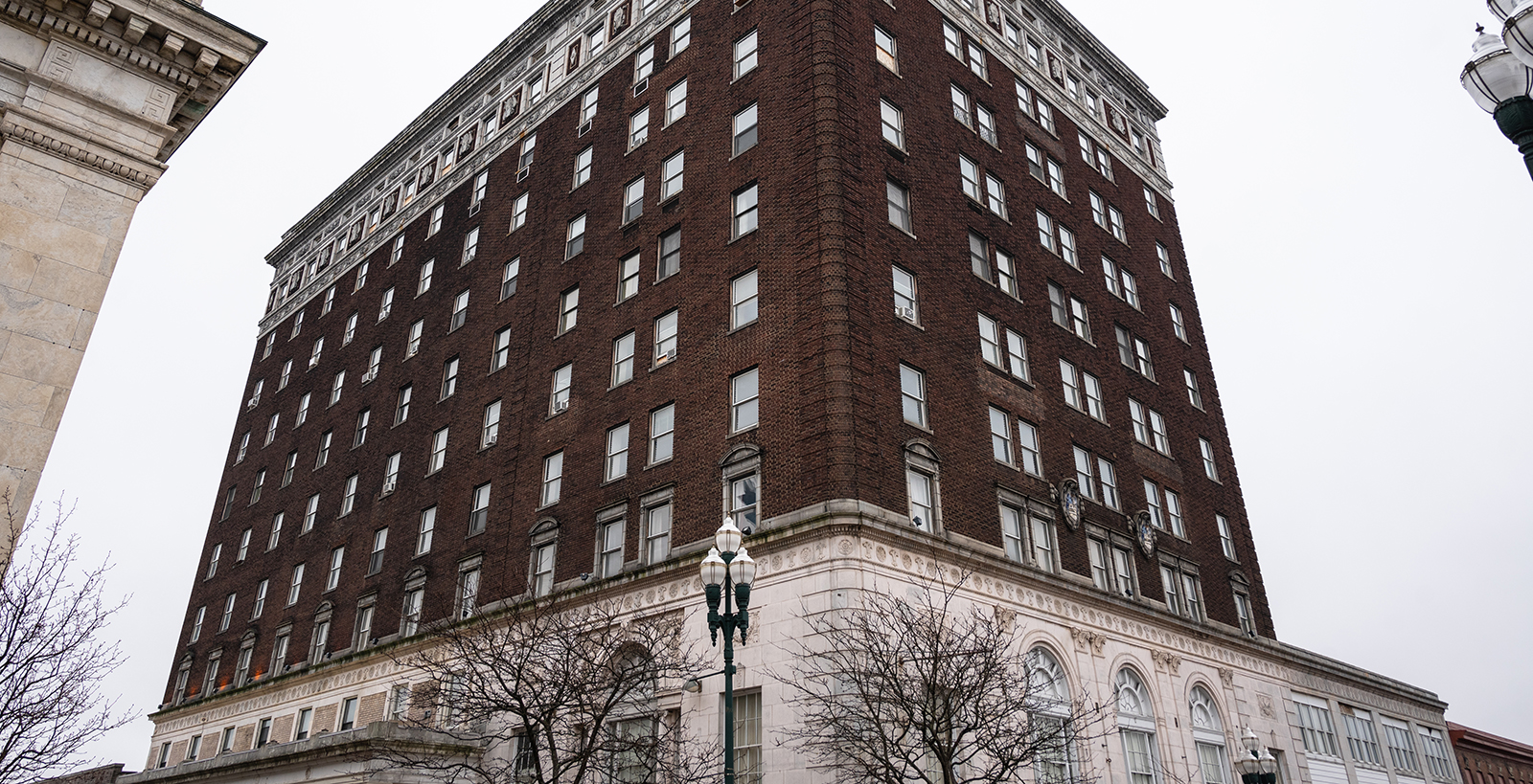 a building with a lamp post