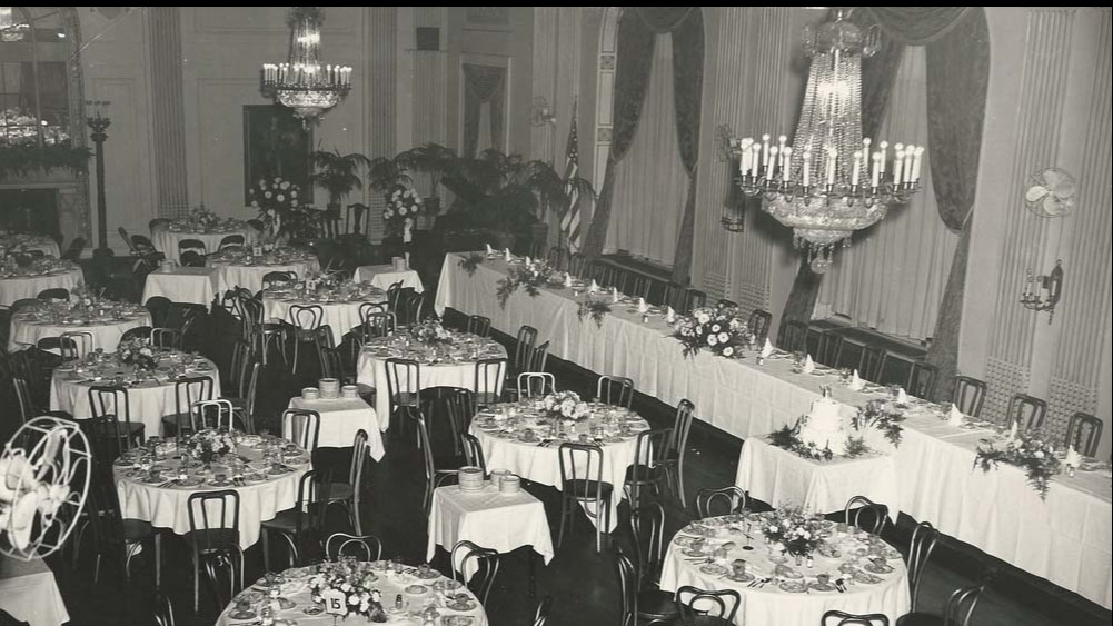 long tables set up in a room