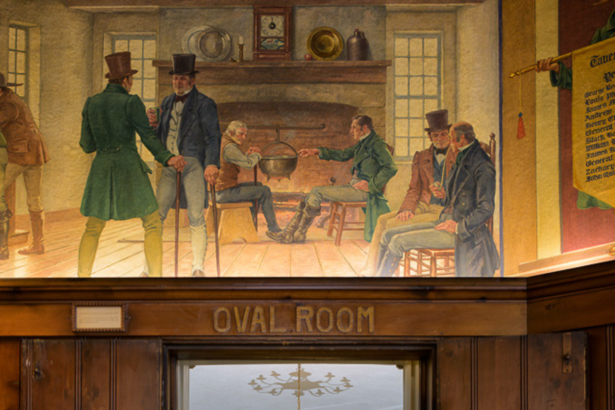 a painting of men sitting in a room