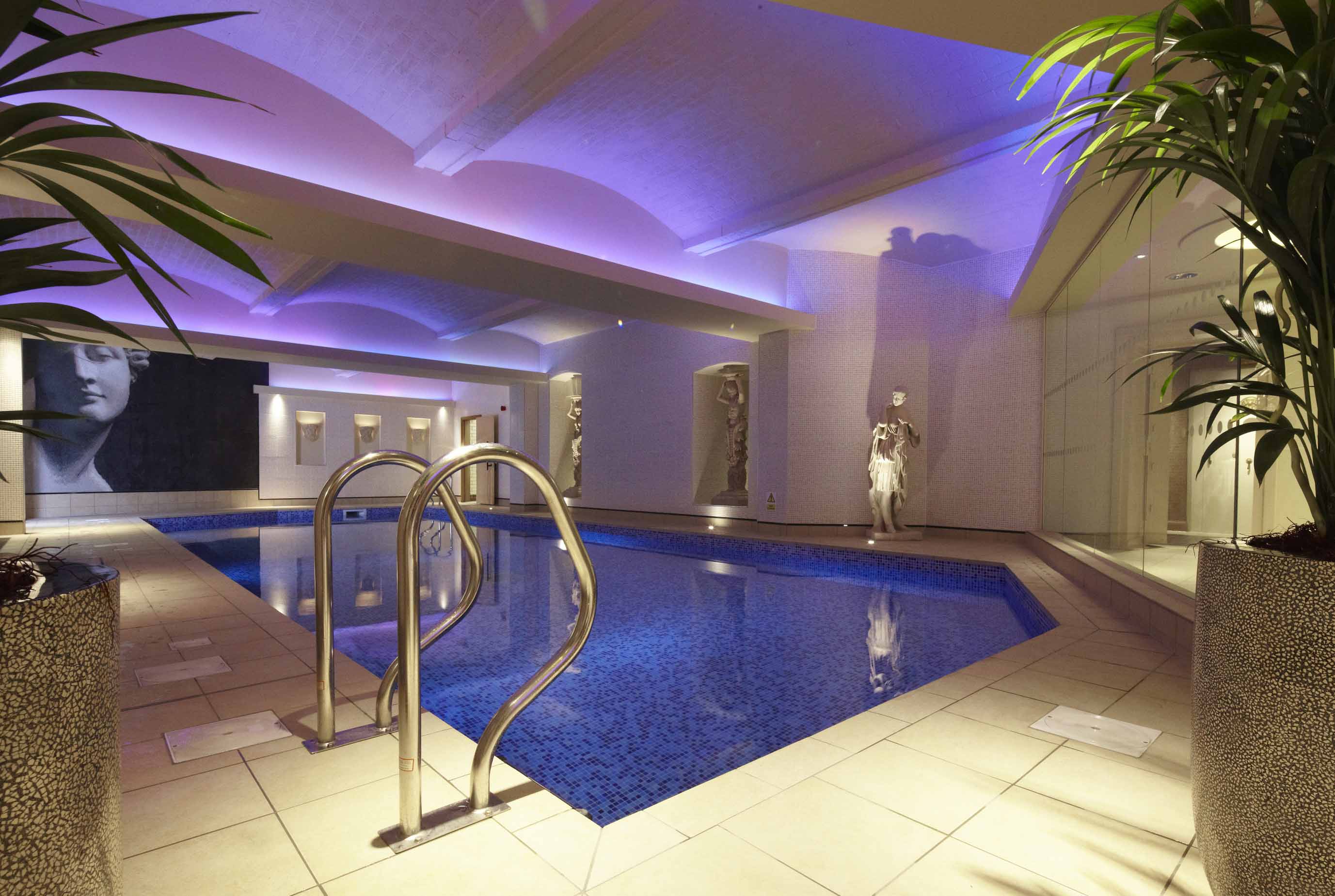a swimming pool with a statue in the middle