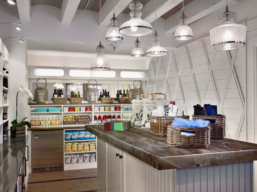 a store with baskets on a counter