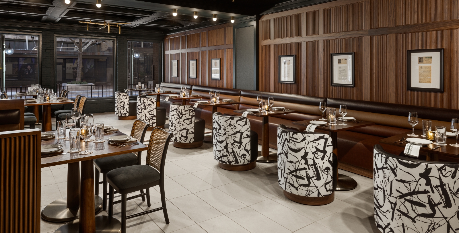 a restaurant with tables and chairs