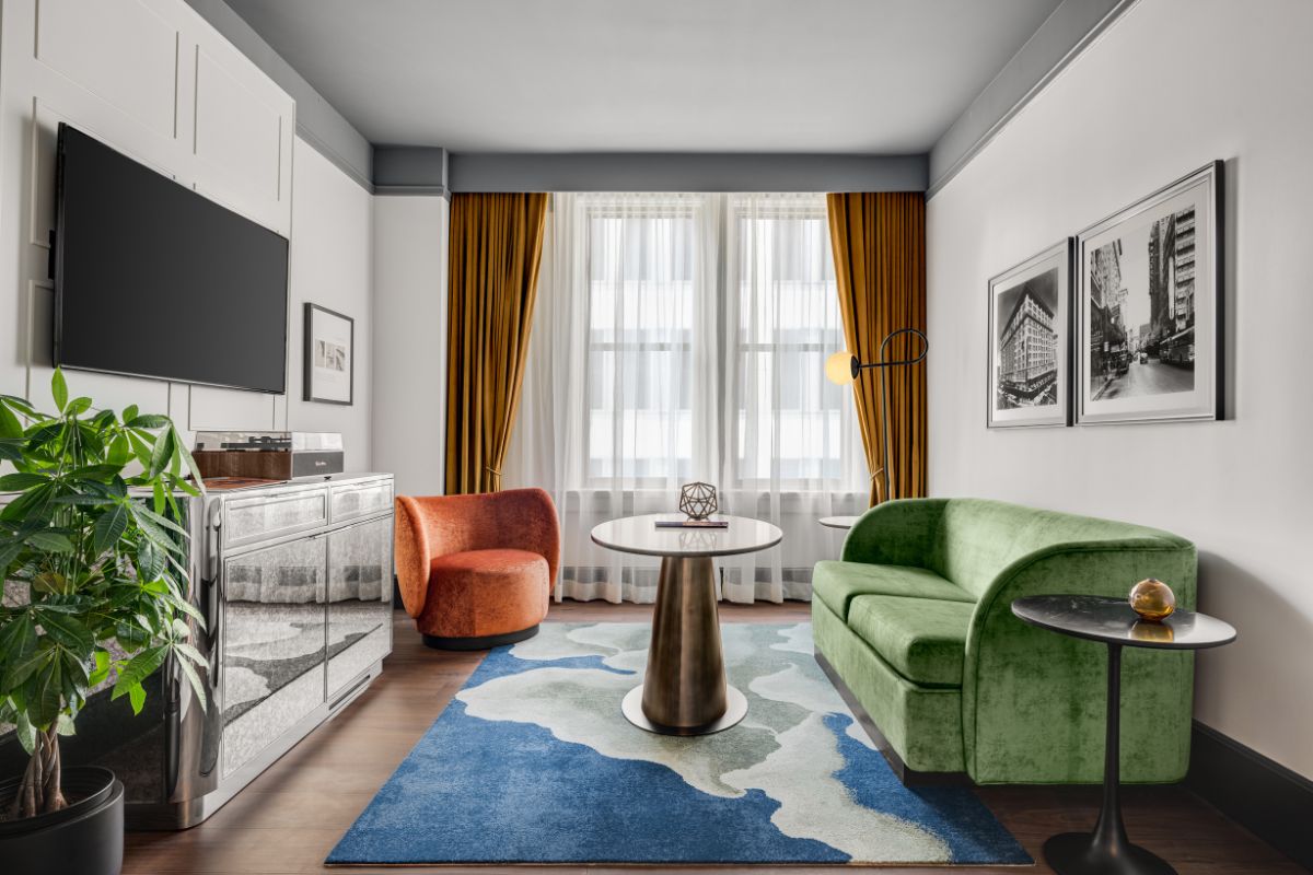 a living room with a couch and a table
