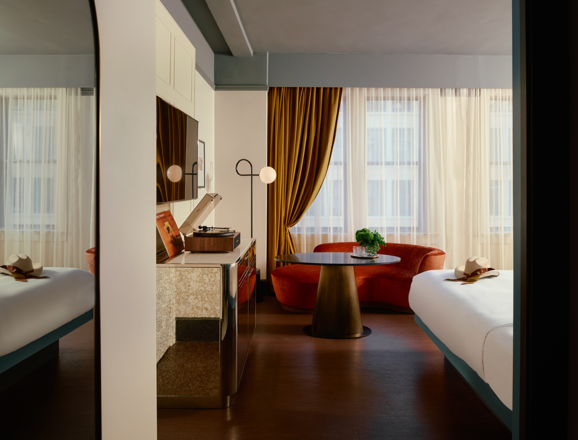 a room with a bed and a table