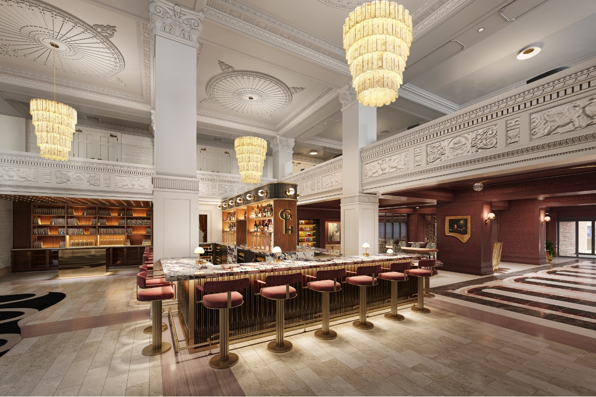 a bar with a counter and chairs in a room with columns