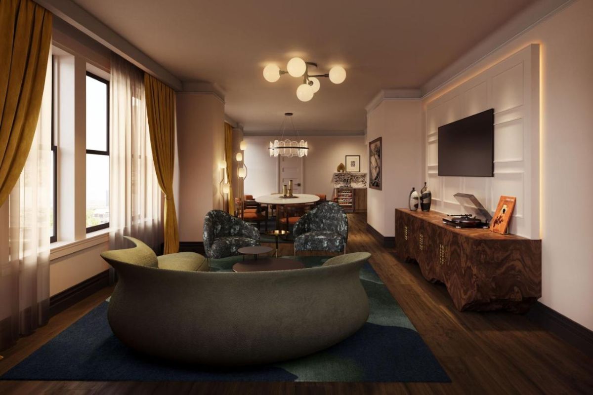 a living room with a couch and a table