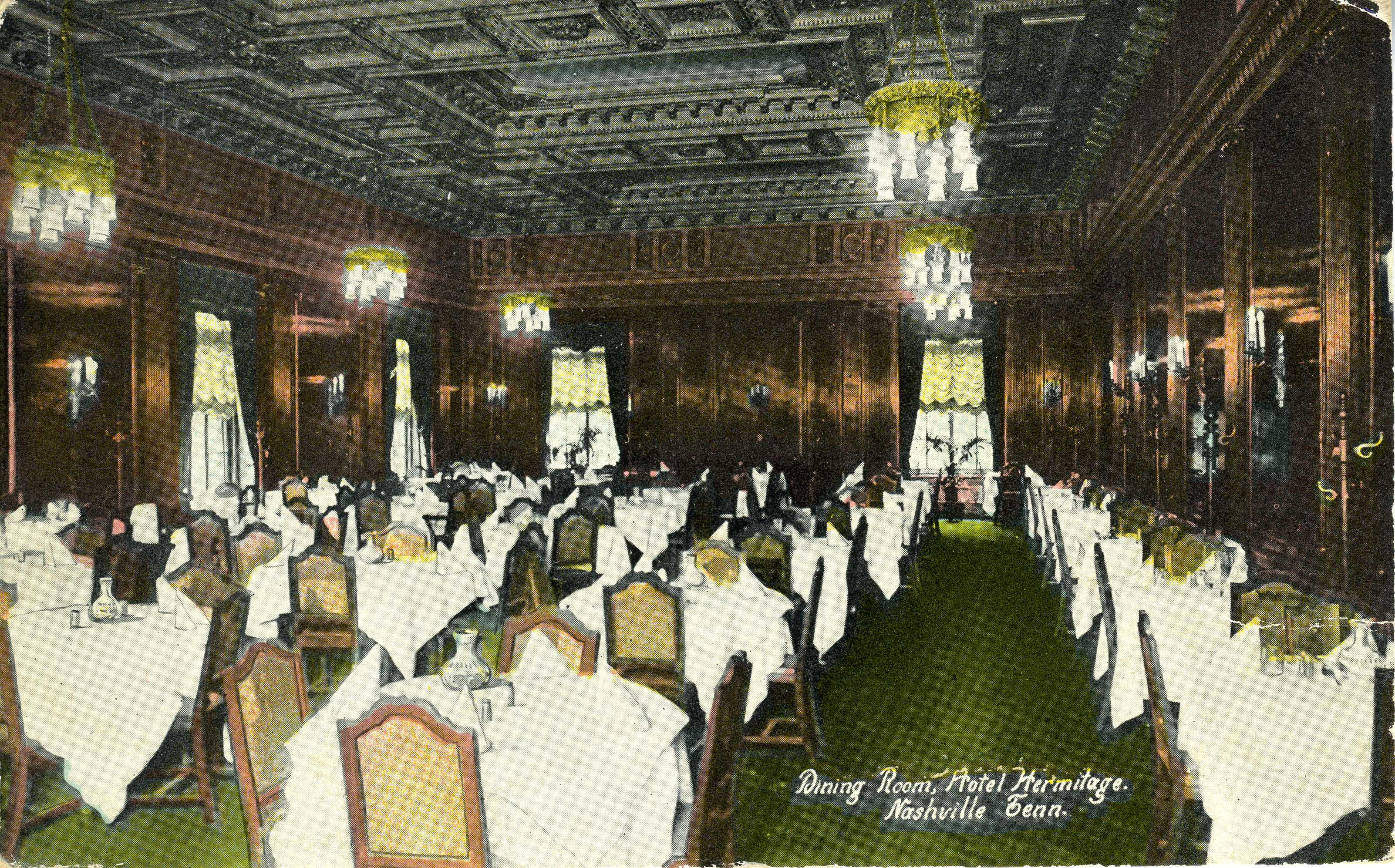 A vintage postcard illustration showing the opulent dining room at Hotel Hermitage in Nashville, Tennessee, filled with tables draped in white tablecloths, high-backed chairs, dark wood-paneled walls, and ornate chandeliers hanging from a coffered ceiling