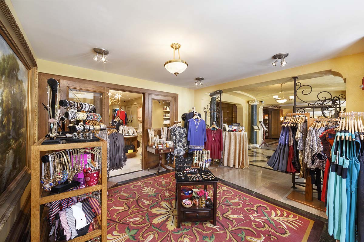 a store with a red rug and a red carpet