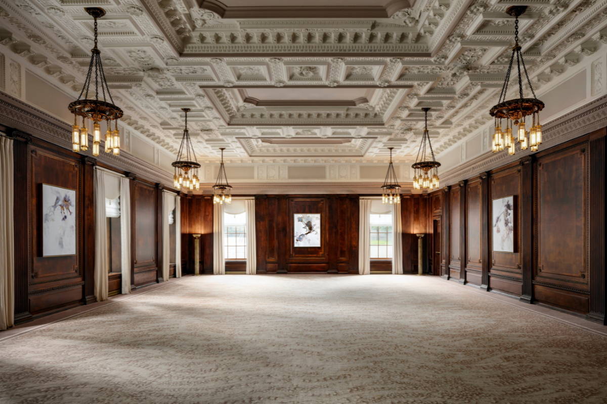 a large room with a large ceiling and a large picture from the ceiling