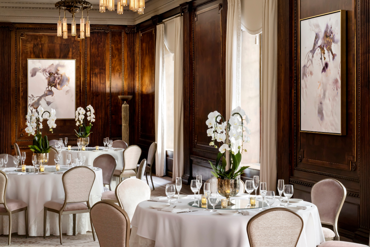 a room with tables and chairs