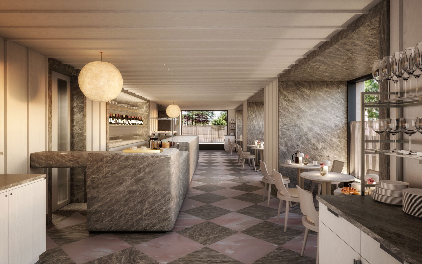 A modern, minimalist cafe and bar featuring a long marble counter, checkerboard-patterned tile flooring, round wooden tables with white chairs, soft spherical pendant lighting, and grey stone accents.