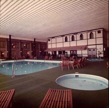 a swimming pool inside a building