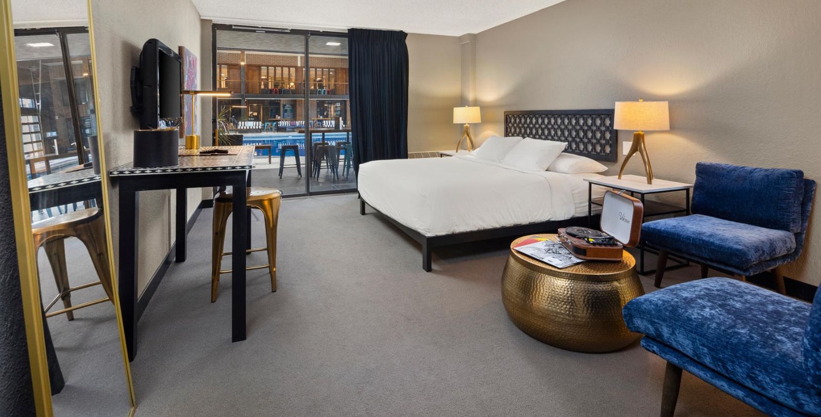 a room with a bed and a table